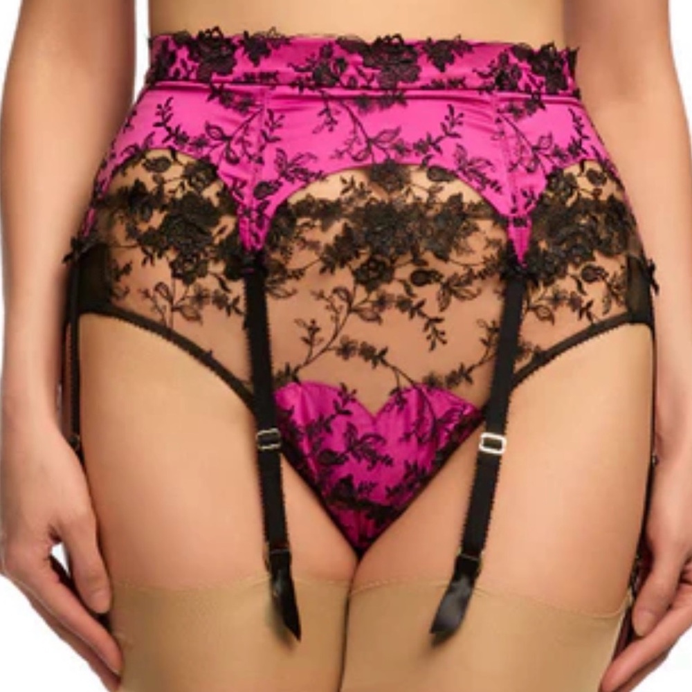 Hot Pink & Black Lace High-Waist Garter Belt Set